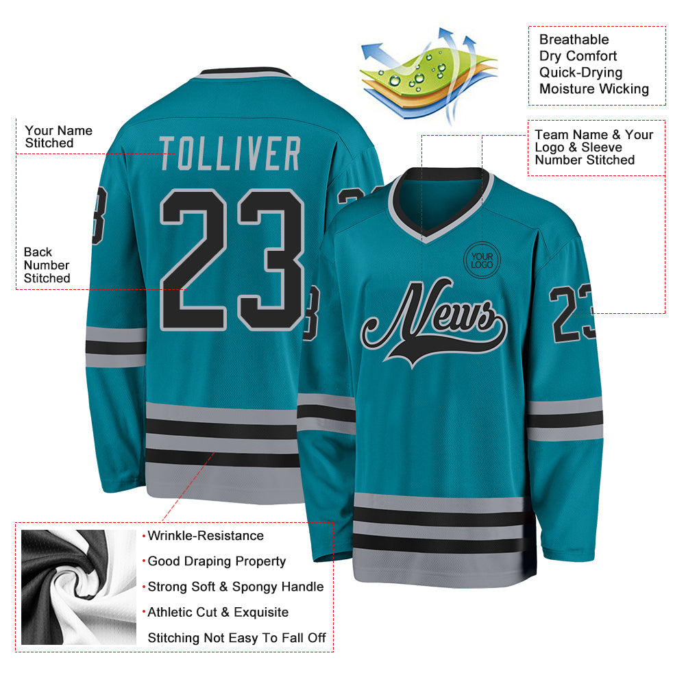 Custom Teal Black-Gray Hockey Jersey view 3