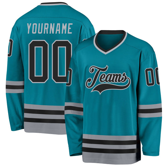 Custom Teal Black-Gray Hockey Jersey - Main View