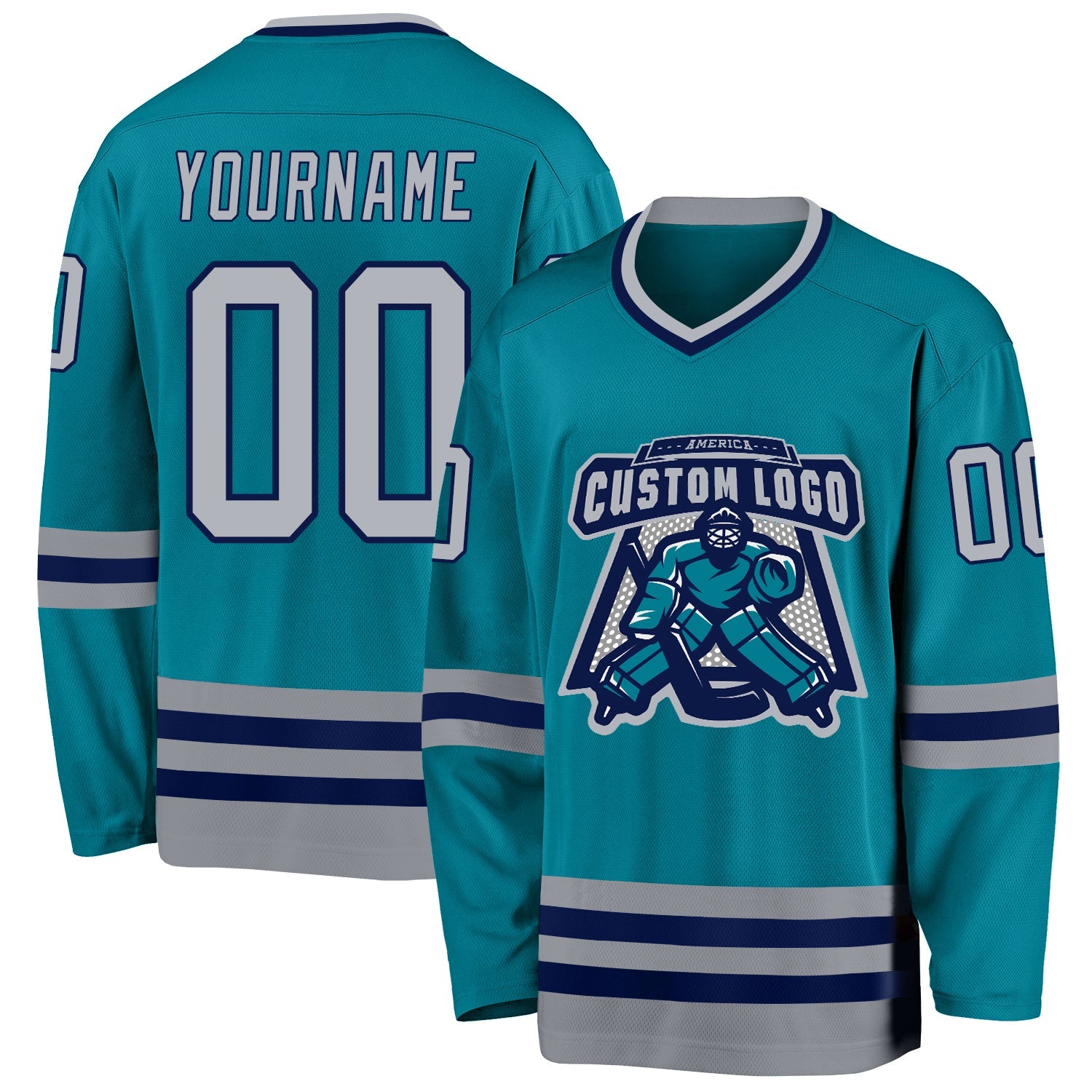Custom Teal Gray-Navy Hockey Jersey view 2