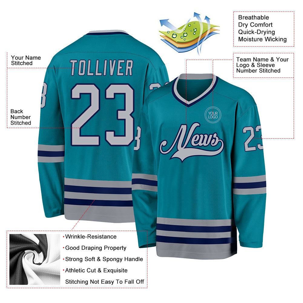 Custom Teal Gray-Navy Hockey Jersey view 3