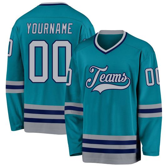 Custom Teal Gray-Navy Hockey Jersey - Main View