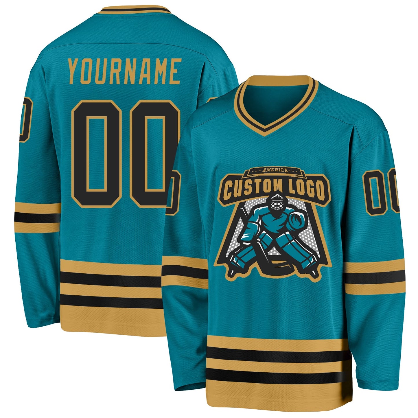 Custom Teal Black-Old Gold Hockey Jersey view 2