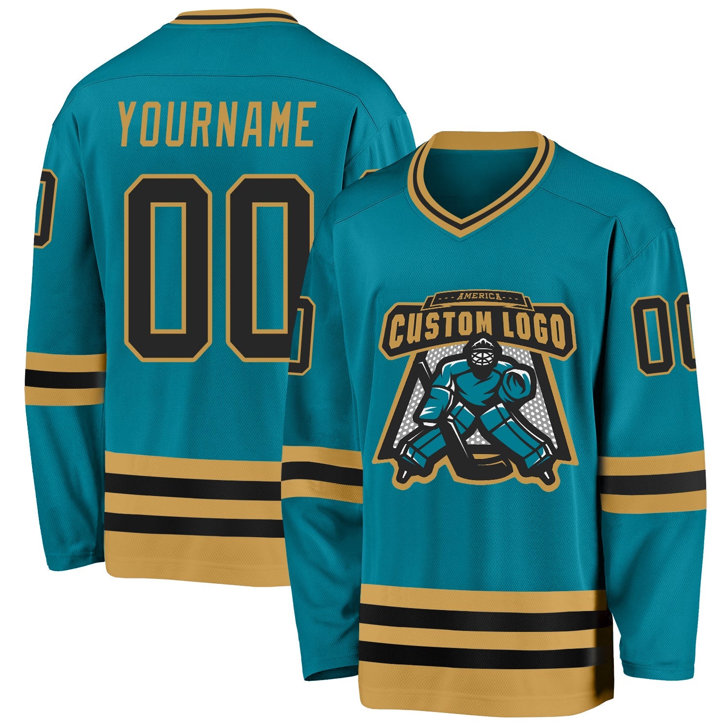 Custom Teal Black-Old Gold Hockey Jersey view 2
