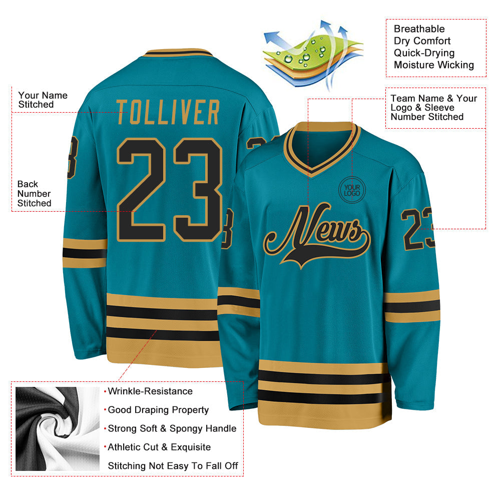 Custom Teal Black-Old Gold Hockey Jersey view 3