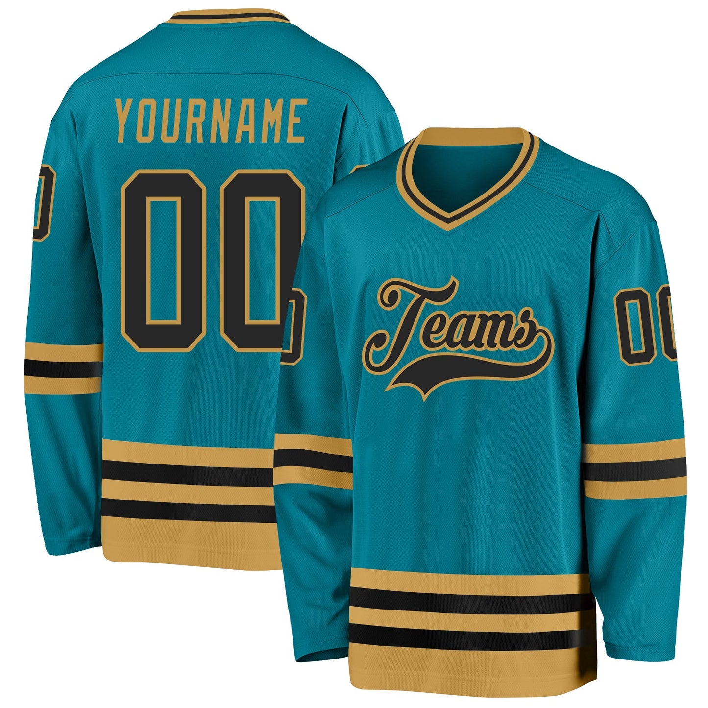 Custom Teal Black-Old Gold Hockey Jersey - Main View