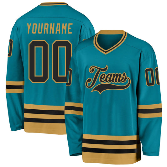 Custom Teal Black-Old Gold Hockey Jersey - Main View