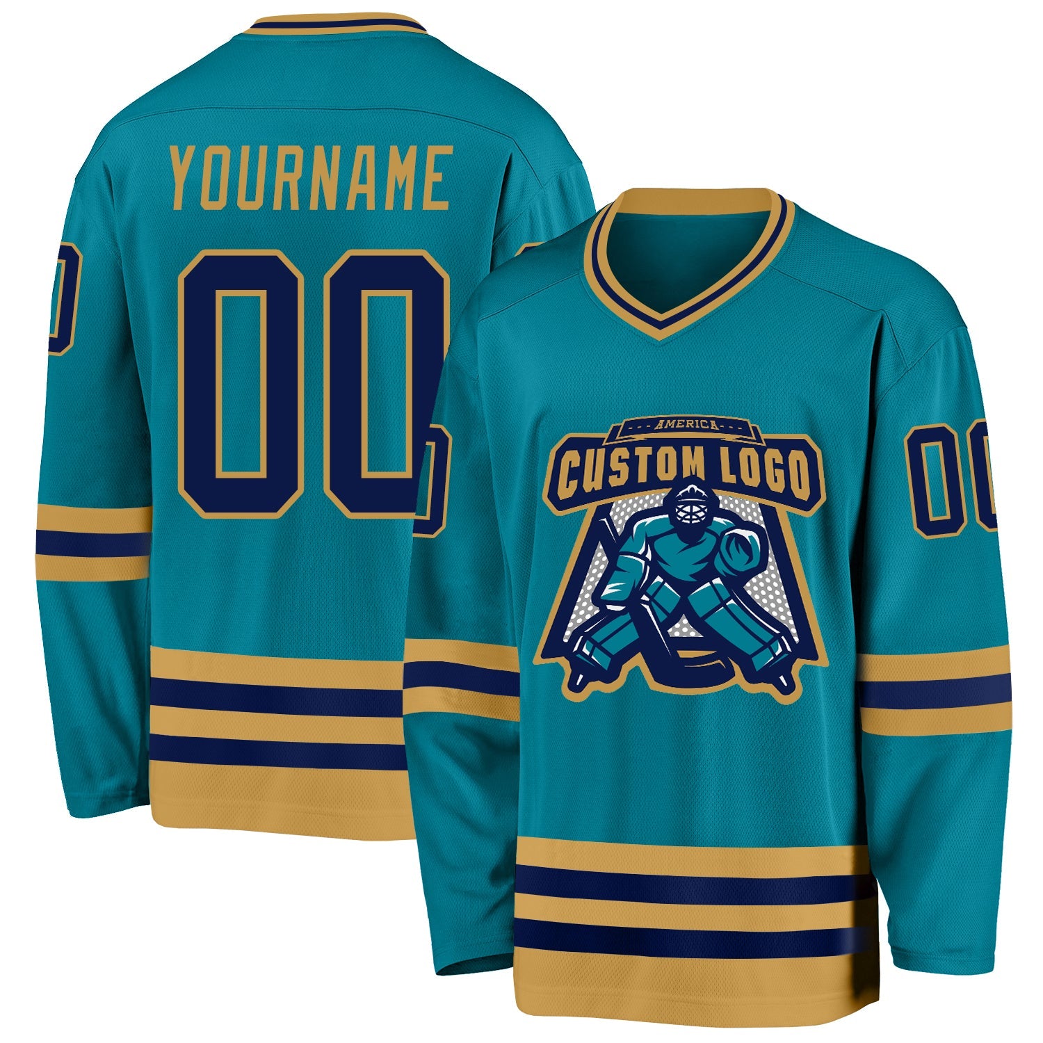 Custom Teal Navy-Old Gold Hockey Jersey view 2