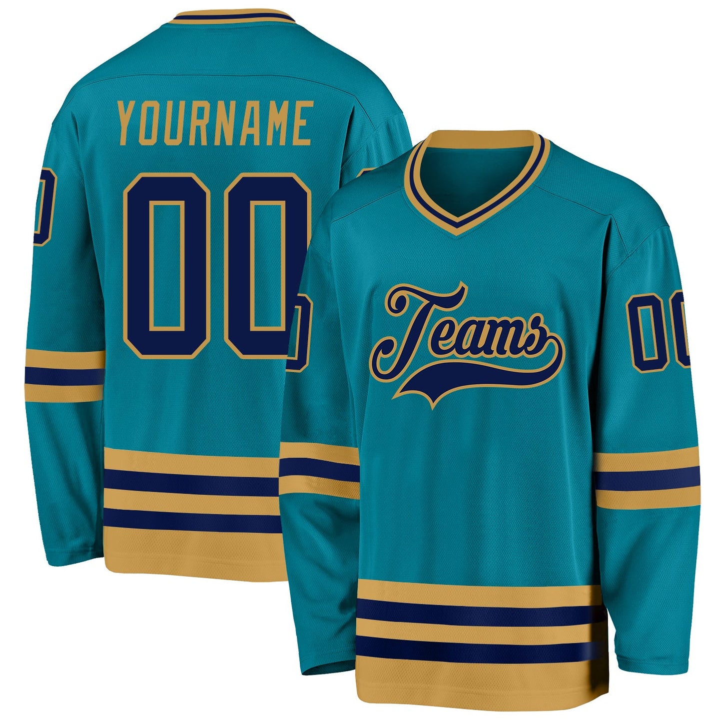 Custom Teal Navy-Old Gold Hockey Jersey - Main View