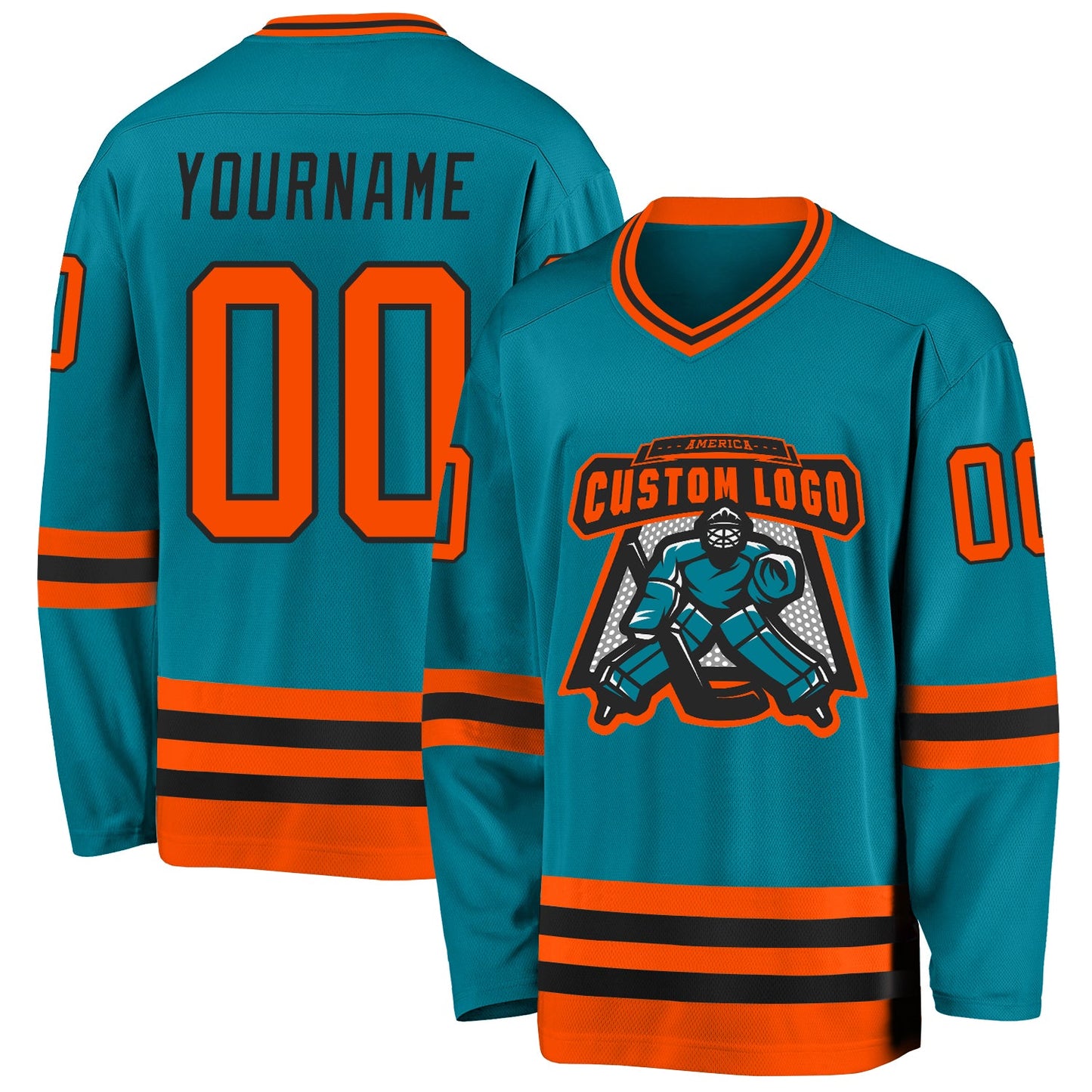 Custom Teal Orange-Black Hockey Jersey view 2
