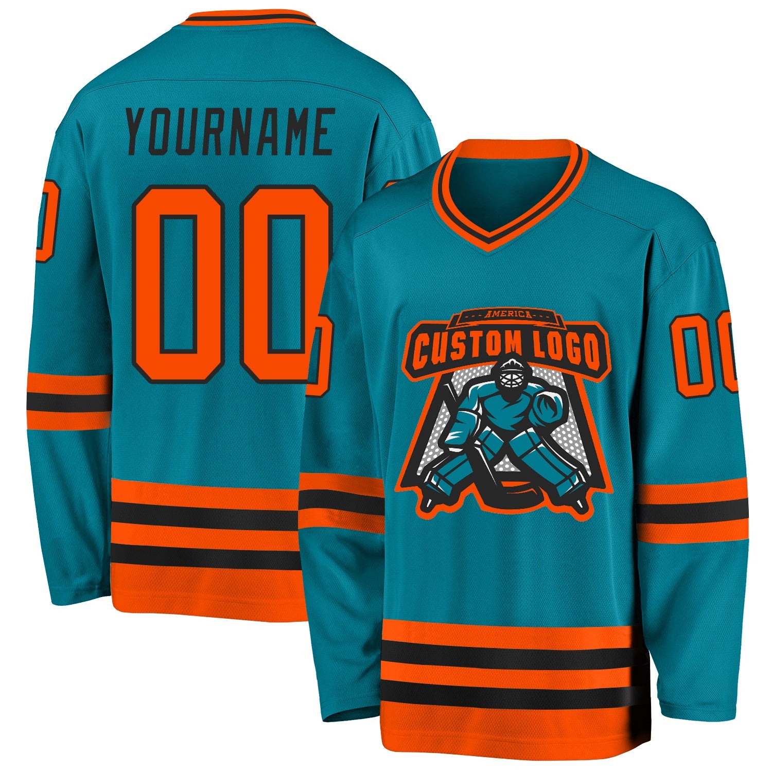 Custom Teal Orange-Black Hockey Jersey view 2