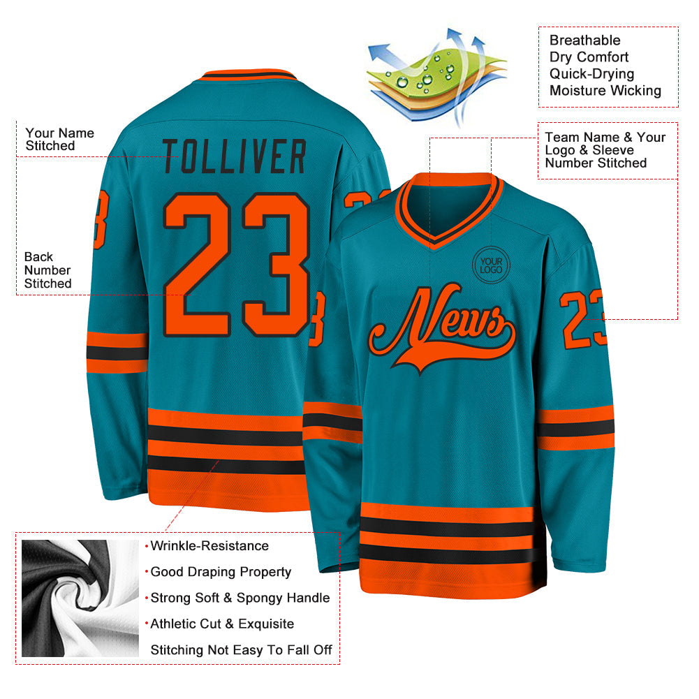 Custom Teal Orange-Black Hockey Jersey view 3