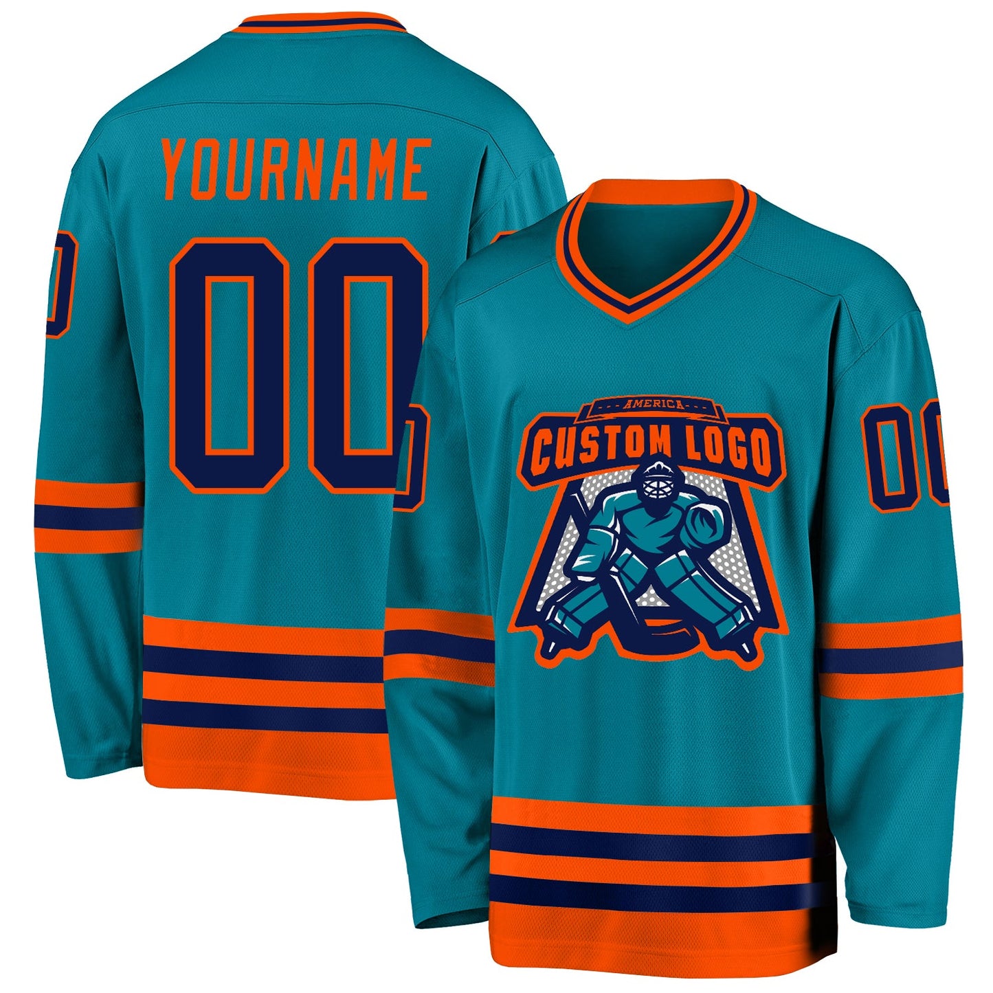 Custom Teal Navy-Orange Hockey Jersey view 2