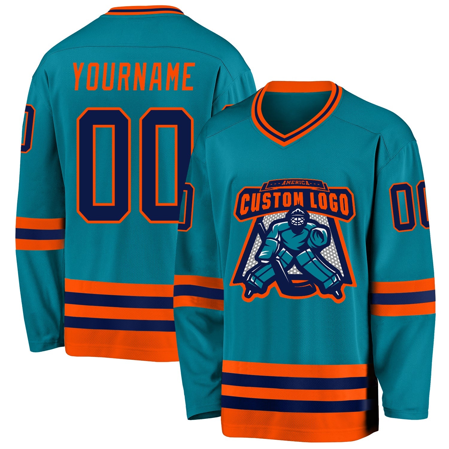 Custom Teal Navy-Orange Hockey Jersey view 2
