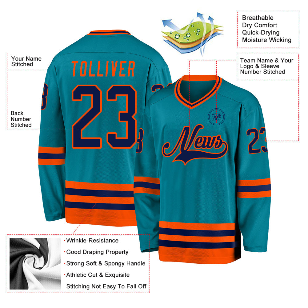 Custom Teal Navy-Orange Hockey Jersey view 3