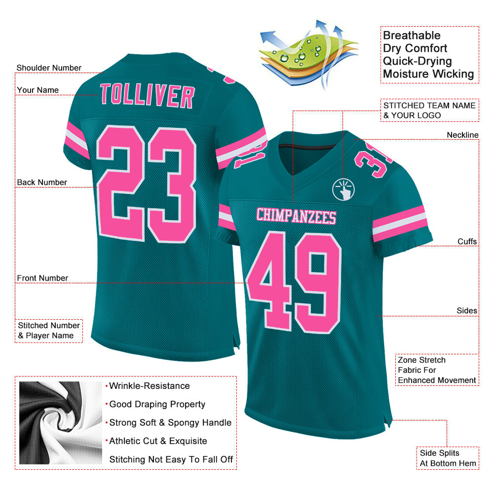 Custom Teal Pink-White Mesh Authentic Football Jersey view 2