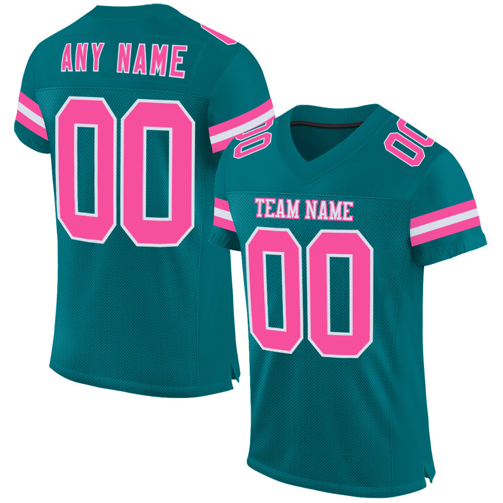 Custom Teal Pink-White Mesh Authentic Football Jersey - Main View