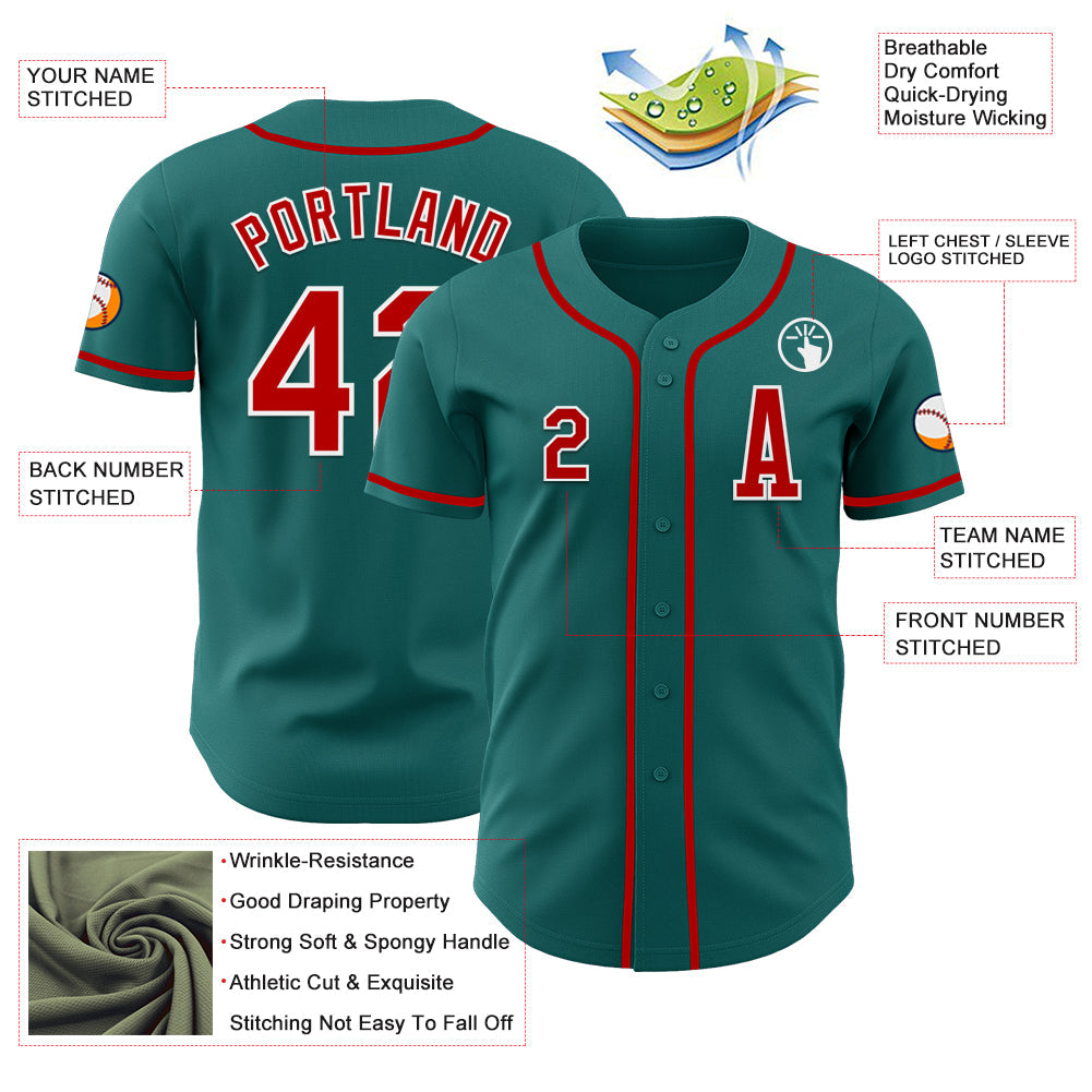 Custom Teal Red-White Authentic Baseball Jersey view 2