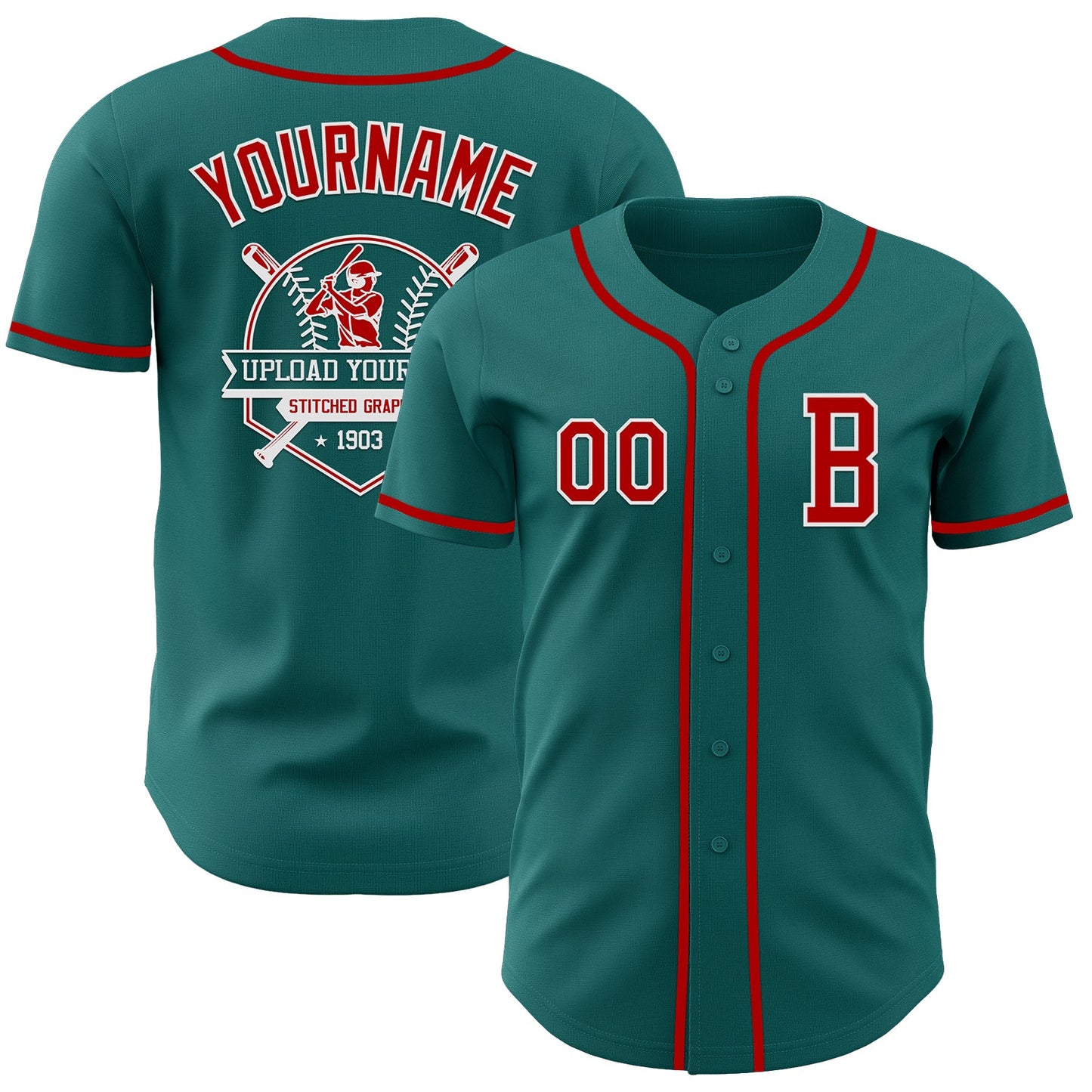 Custom Teal Red-White Authentic Baseball Jersey view 5