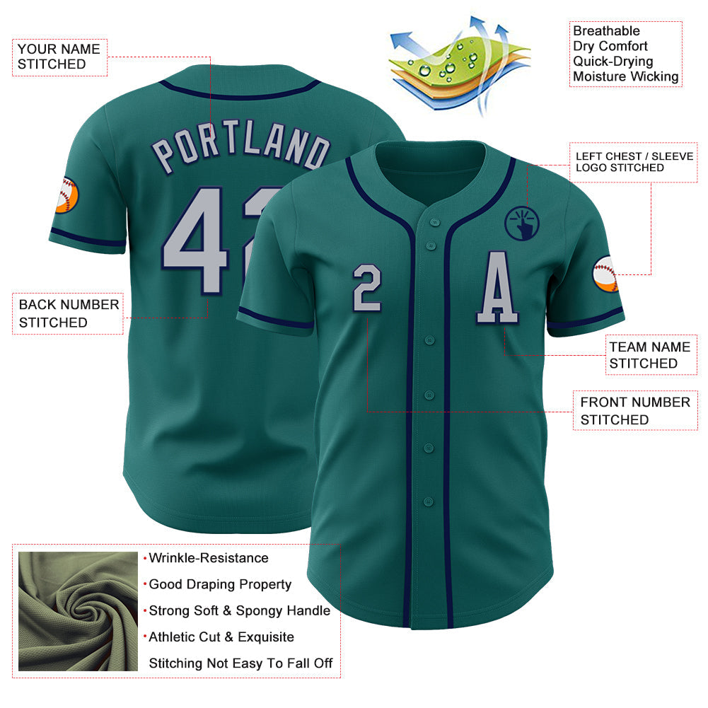 Custom Teal Gray-Navy Authentic Baseball Jersey view 2