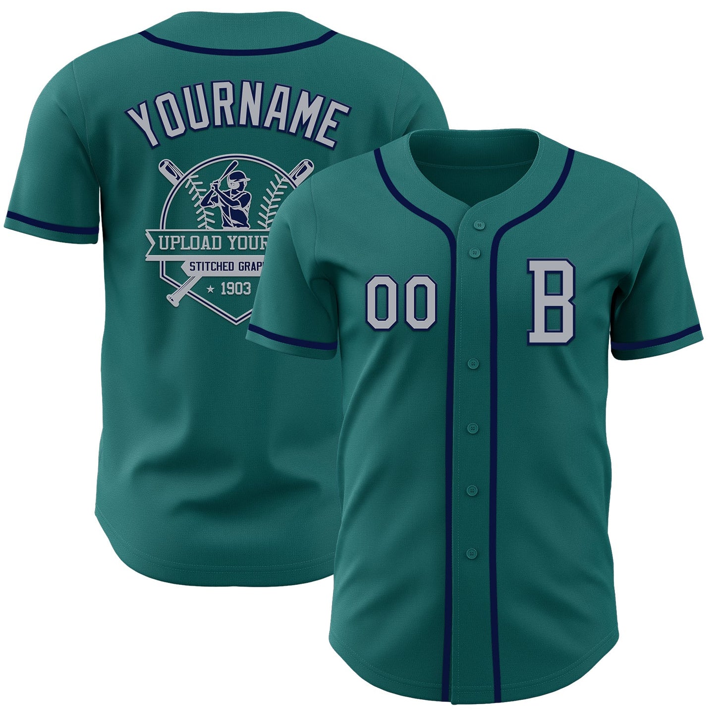 Custom Teal Gray-Navy Authentic Baseball Jersey view 5