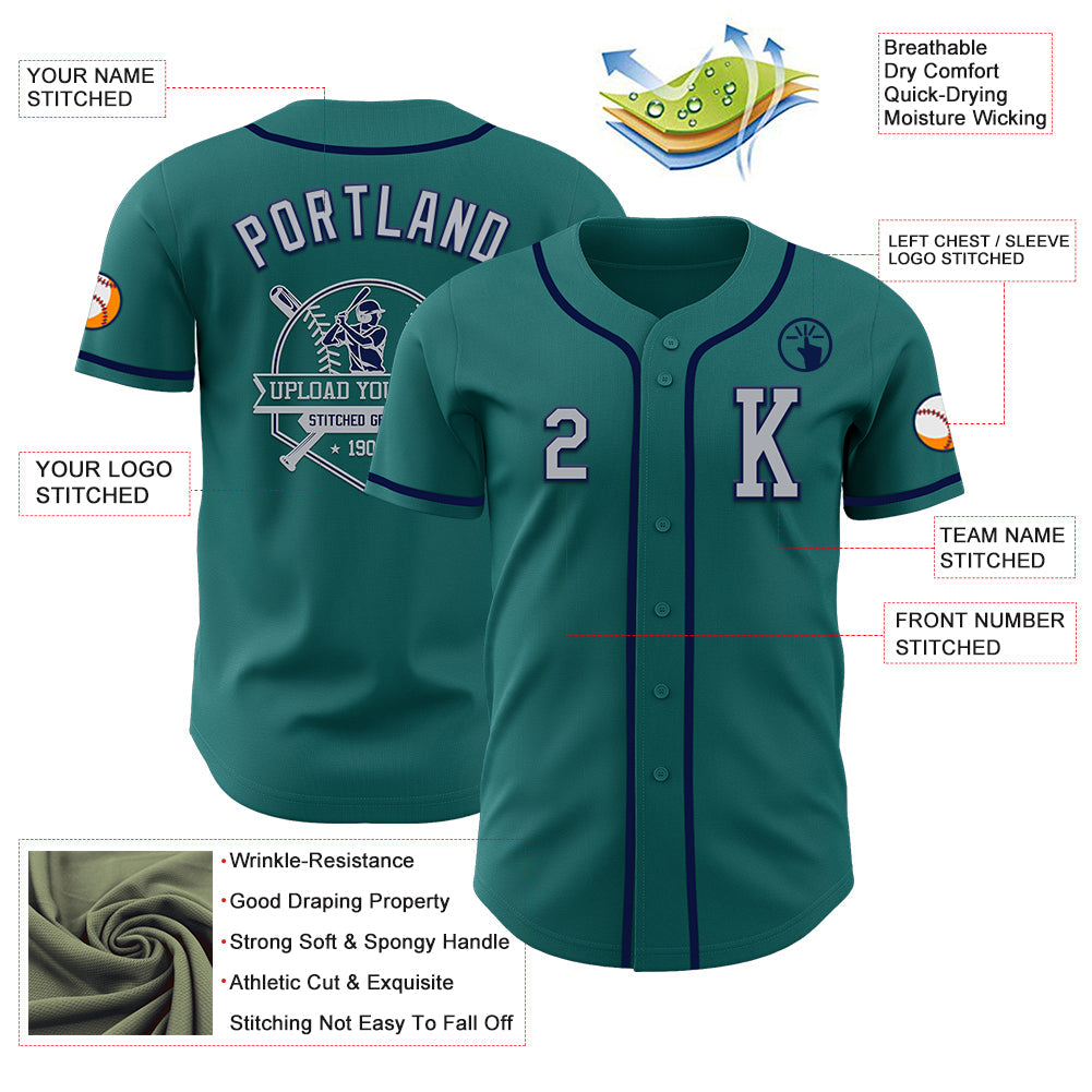 Custom Teal Gray-Navy Authentic Baseball Jersey view 6