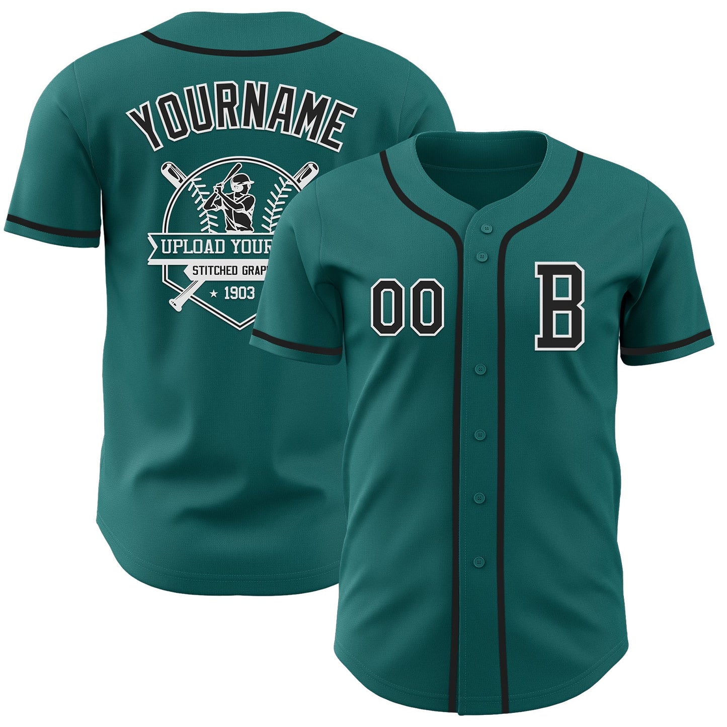 Custom Teal Black-White Authentic Baseball Jersey view 5