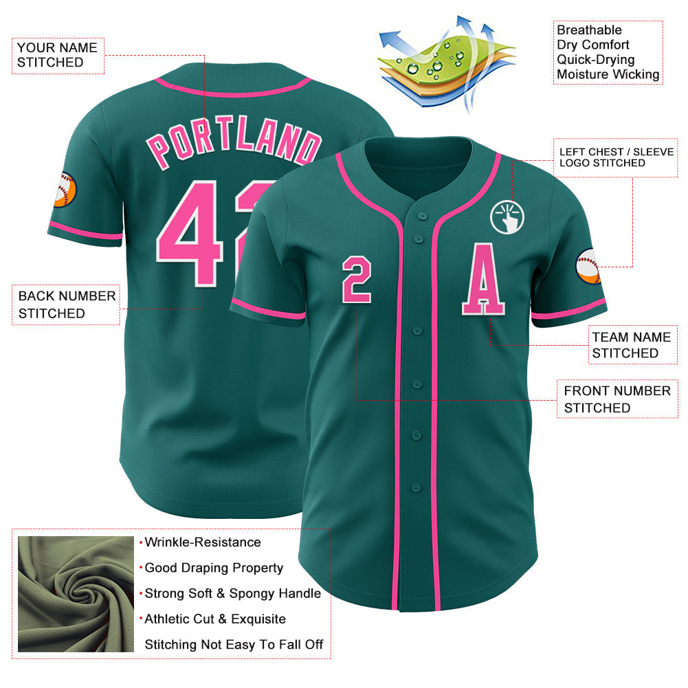 Custom Teal Pink-White Authentic Baseball Jersey view 2