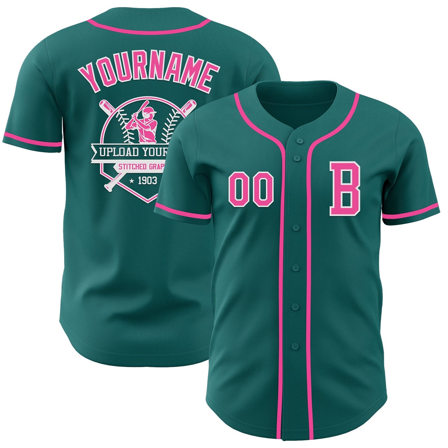 Custom Teal Pink-White Authentic Baseball Jersey view 5