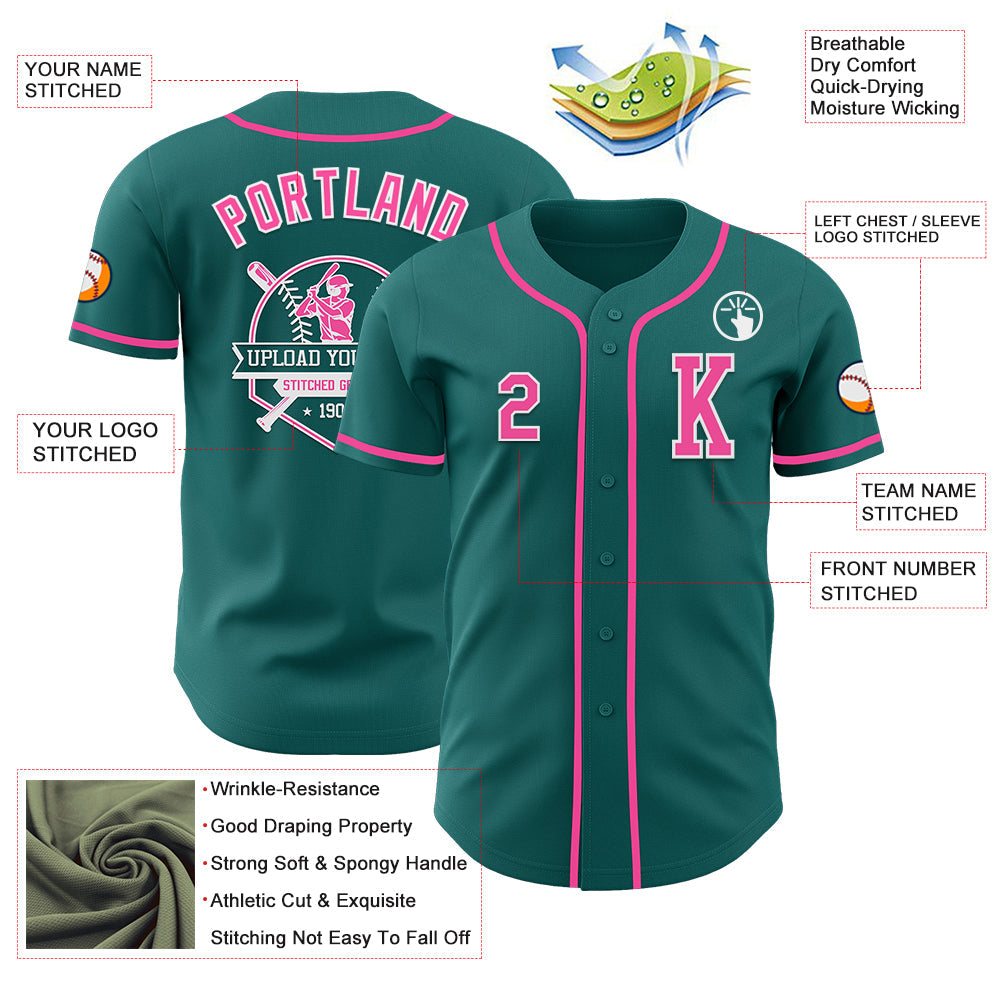 Custom Teal Pink-White Authentic Baseball Jersey view 6