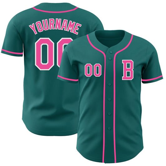 Custom Teal Pink-White Authentic Baseball Jersey - Main View