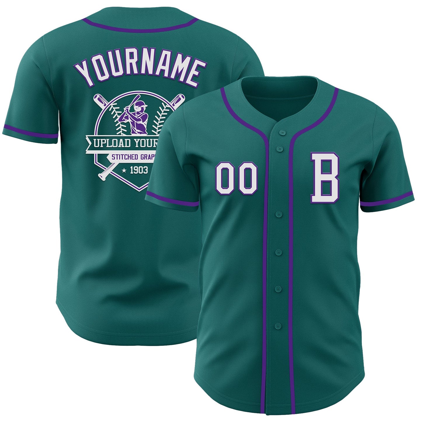 Custom Teal White-Purple Authentic Baseball Jersey view 5