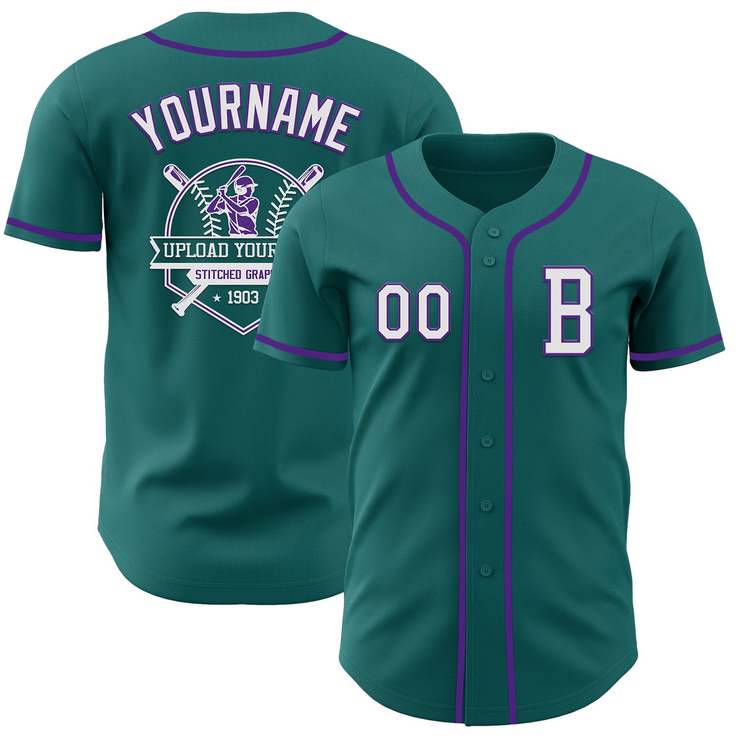 Custom Teal White-Purple Authentic Baseball Jersey view 5