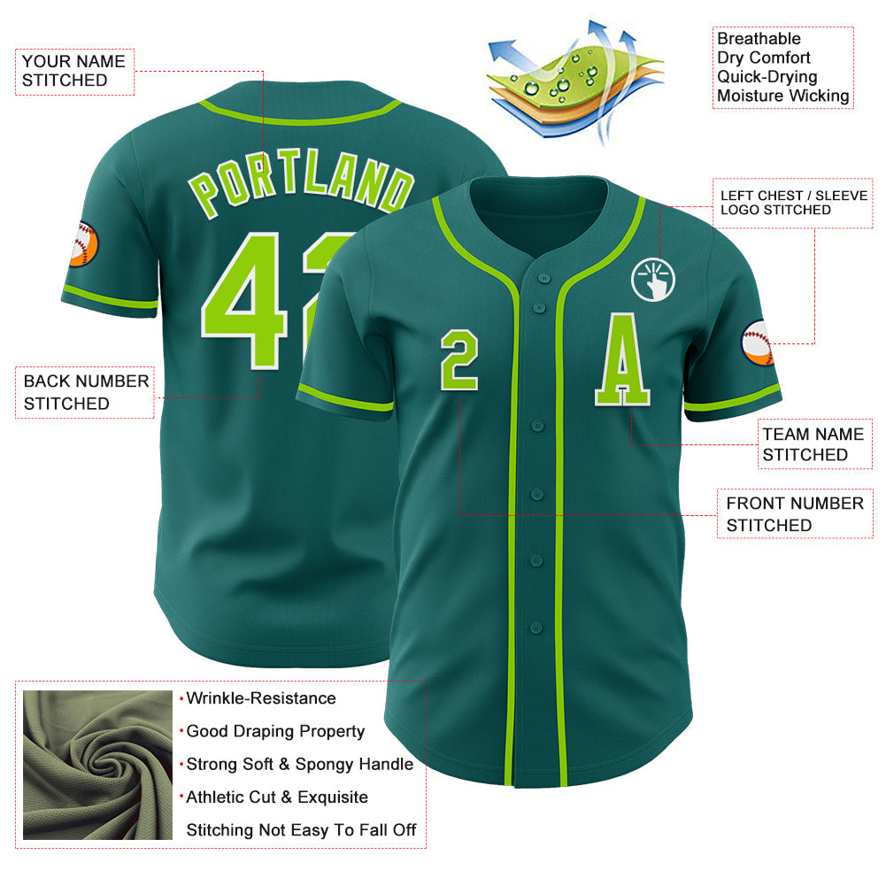 Custom Teal Neon Green-White Authentic Baseball Jersey view 2