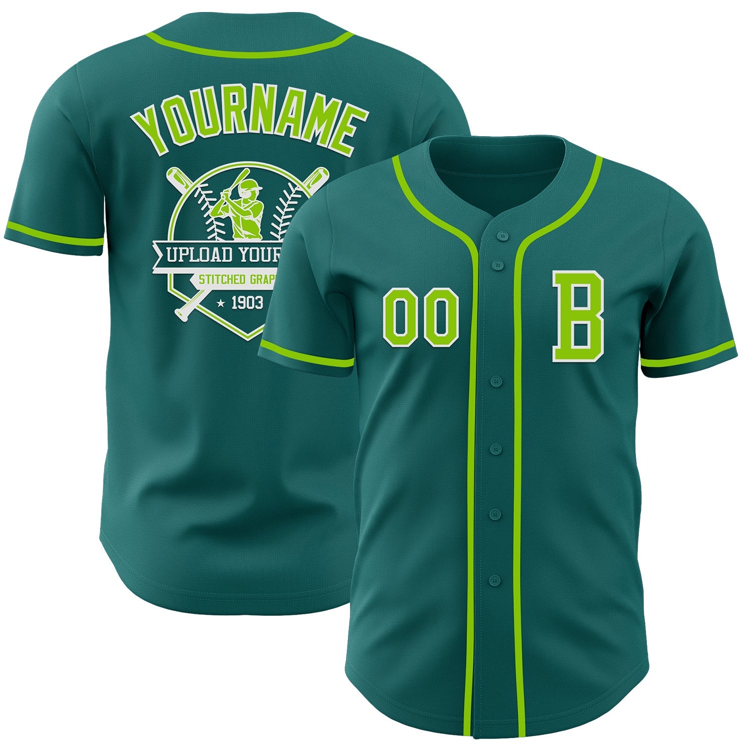 Custom Teal Neon Green-White Authentic Baseball Jersey view 5