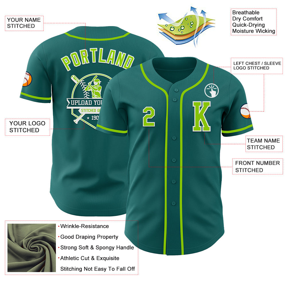 Custom Teal Neon Green-White Authentic Baseball Jersey view 6