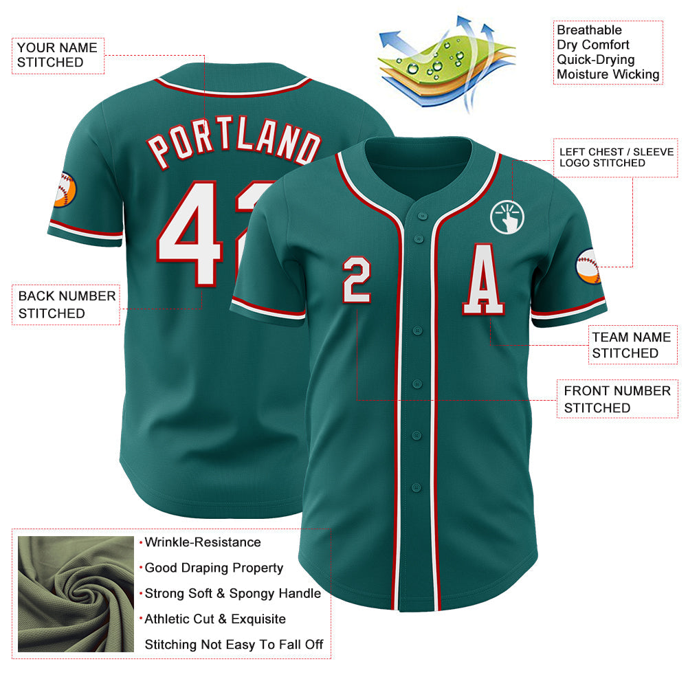 Custom Teal White-Red Authentic Baseball Jersey view 2