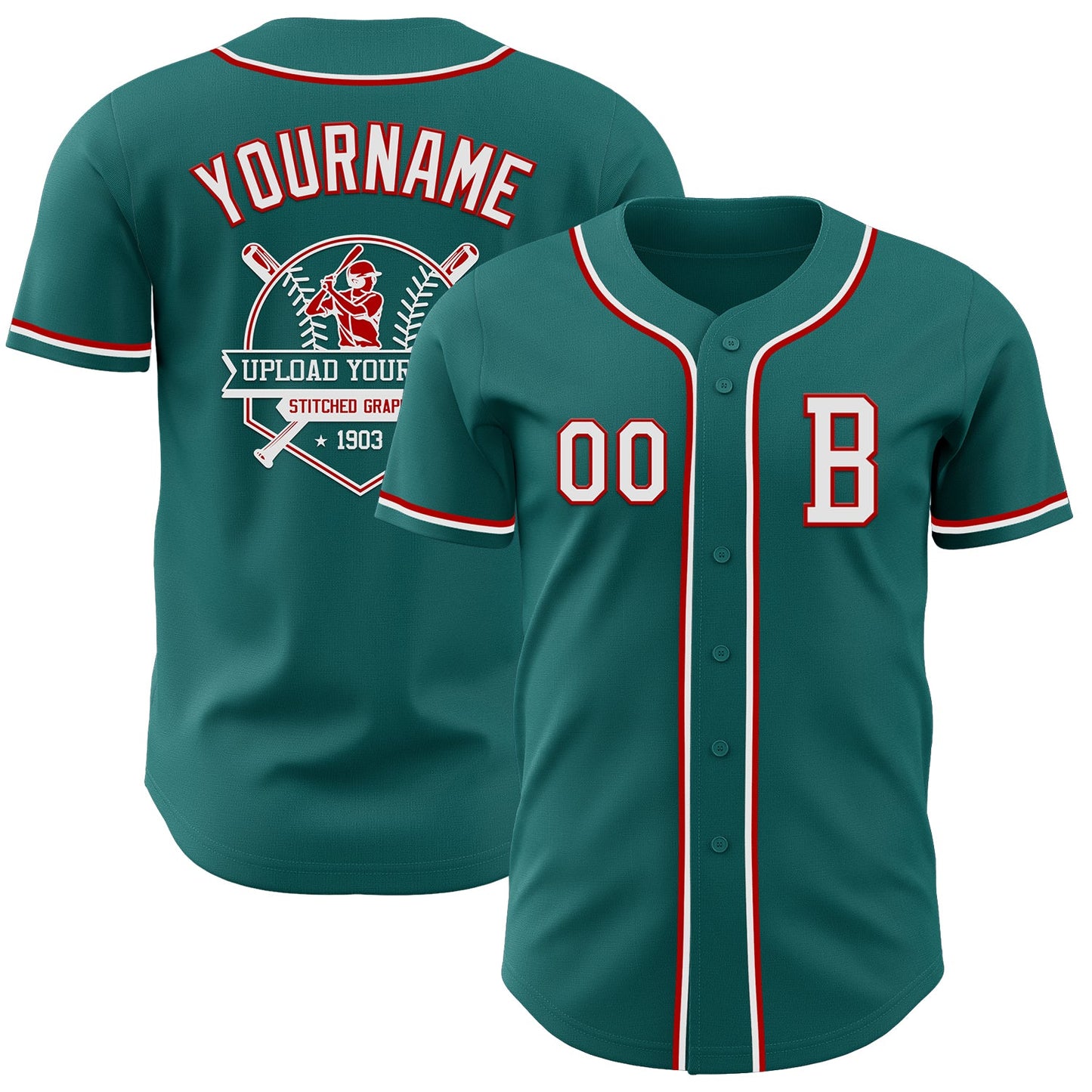 Custom Teal White-Red Authentic Baseball Jersey view 5