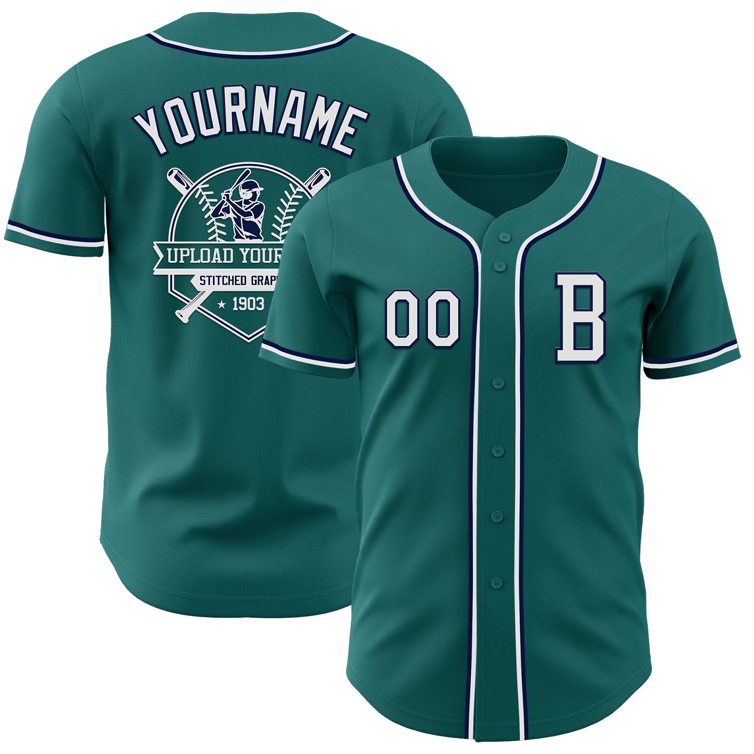 Custom Teal White-Navy Authentic Baseball Jersey view 5