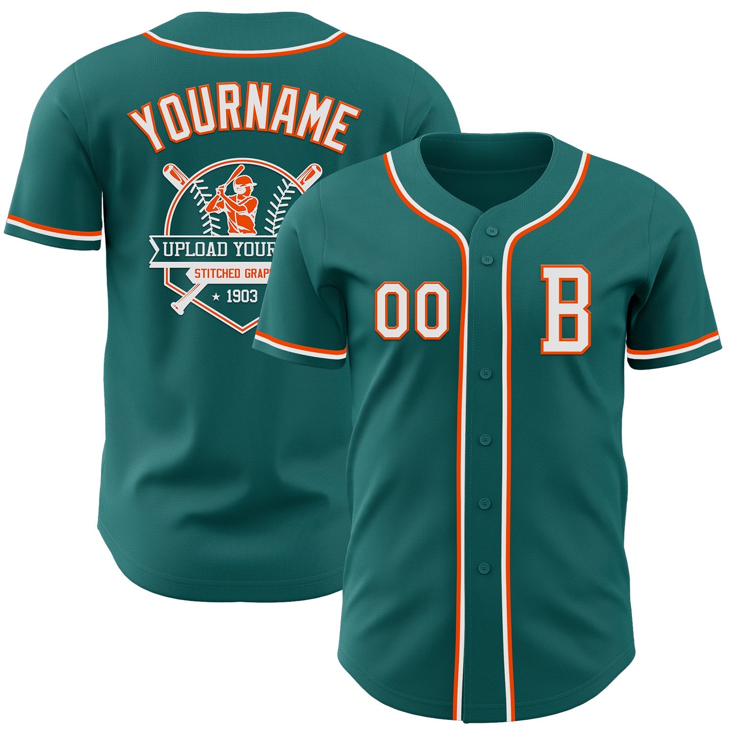 Custom Teal White-Orange Authentic Baseball Jersey view 5
