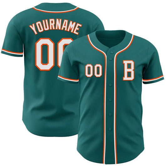Custom Teal White-Orange Authentic Baseball Jersey - Main View