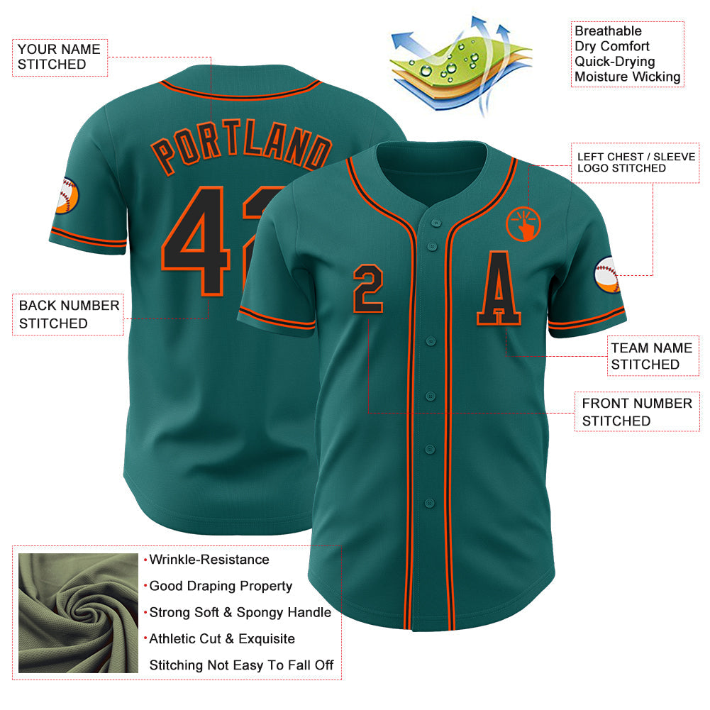 Custom Teal Black-Orange Authentic Baseball Jersey view 2