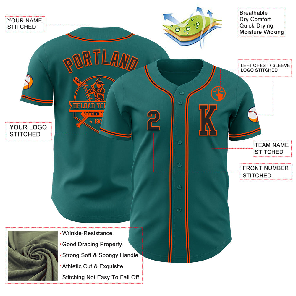 Custom Teal Black-Orange Authentic Baseball Jersey view 6