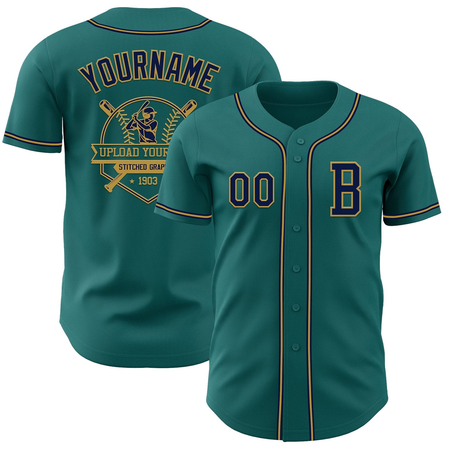 Custom Teal Navy-Old Gold Authentic Baseball Jersey view 5