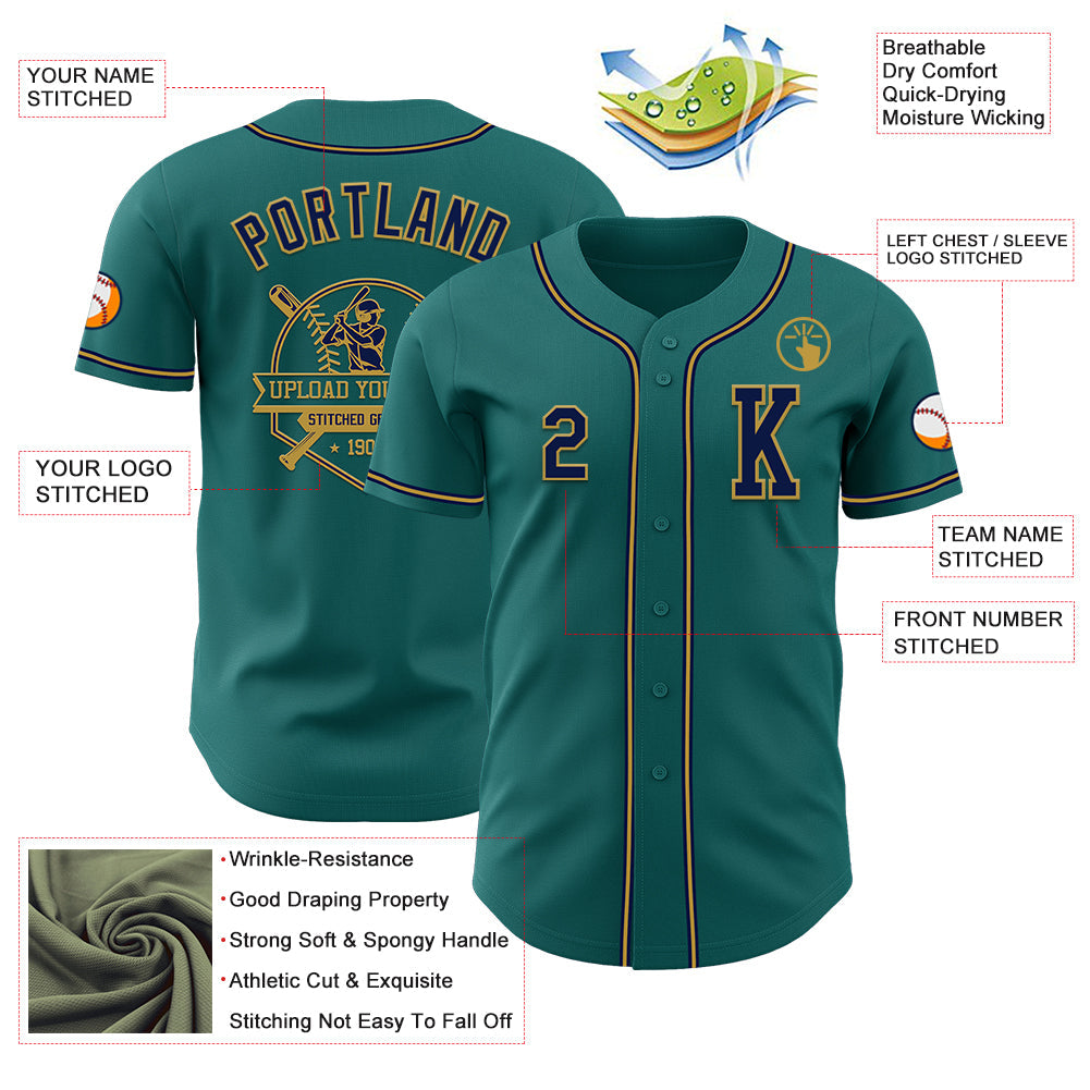 Custom Teal Navy-Old Gold Authentic Baseball Jersey view 6