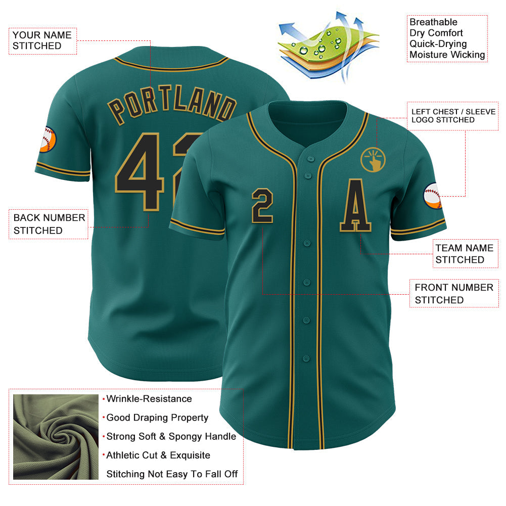Custom Teal Black-Old Gold Authentic Baseball Jersey view 2
