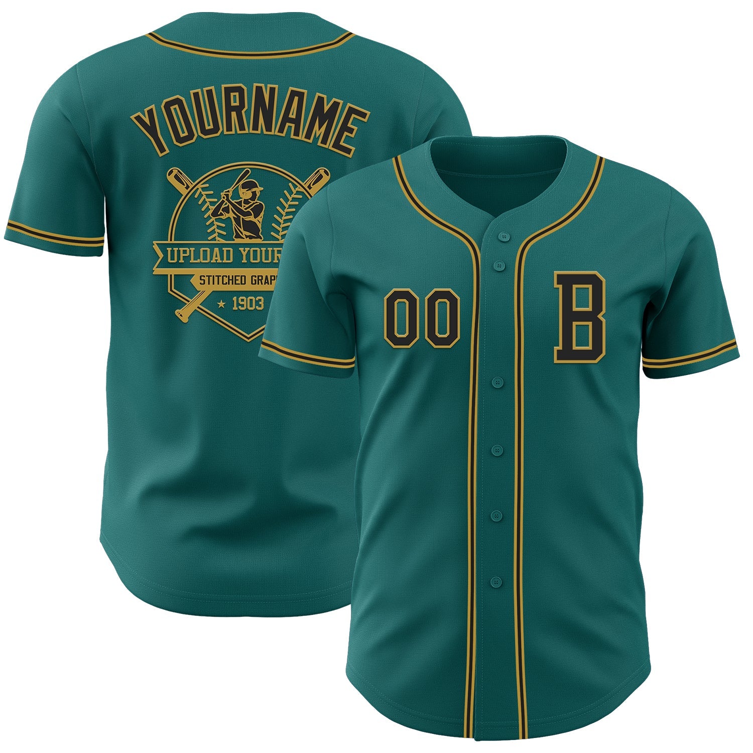 Custom Teal Black-Old Gold Authentic Baseball Jersey view 5