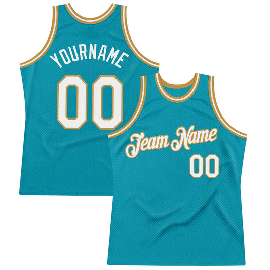 Custom Teal White-Old Gold Authentic Throwback Basketball Jersey - Main View