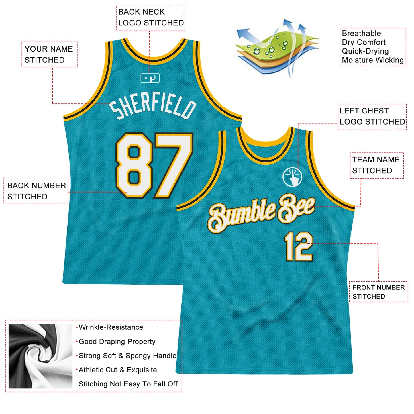 Custom Teal Gold-Black Authentic Throwback Basketball Jersey view 2