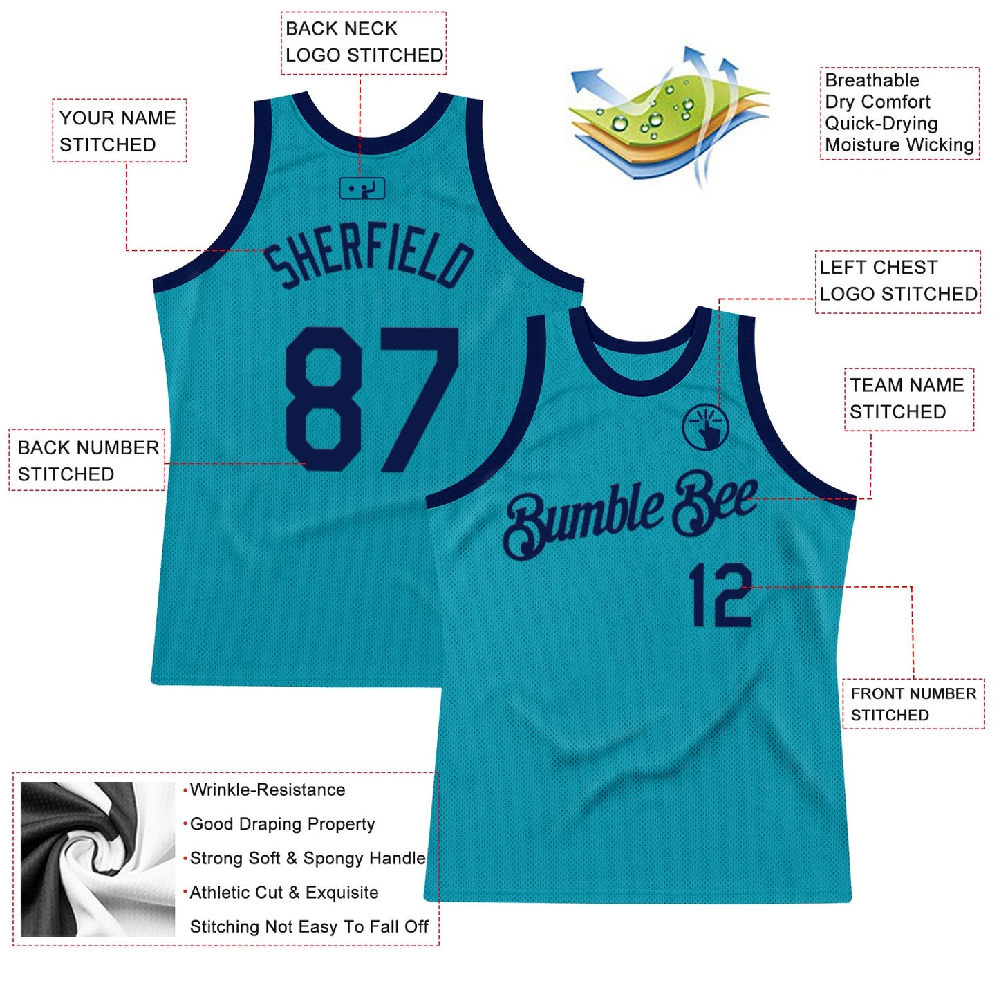 Custom Teal Navy Authentic Throwback Basketball Jersey view 2