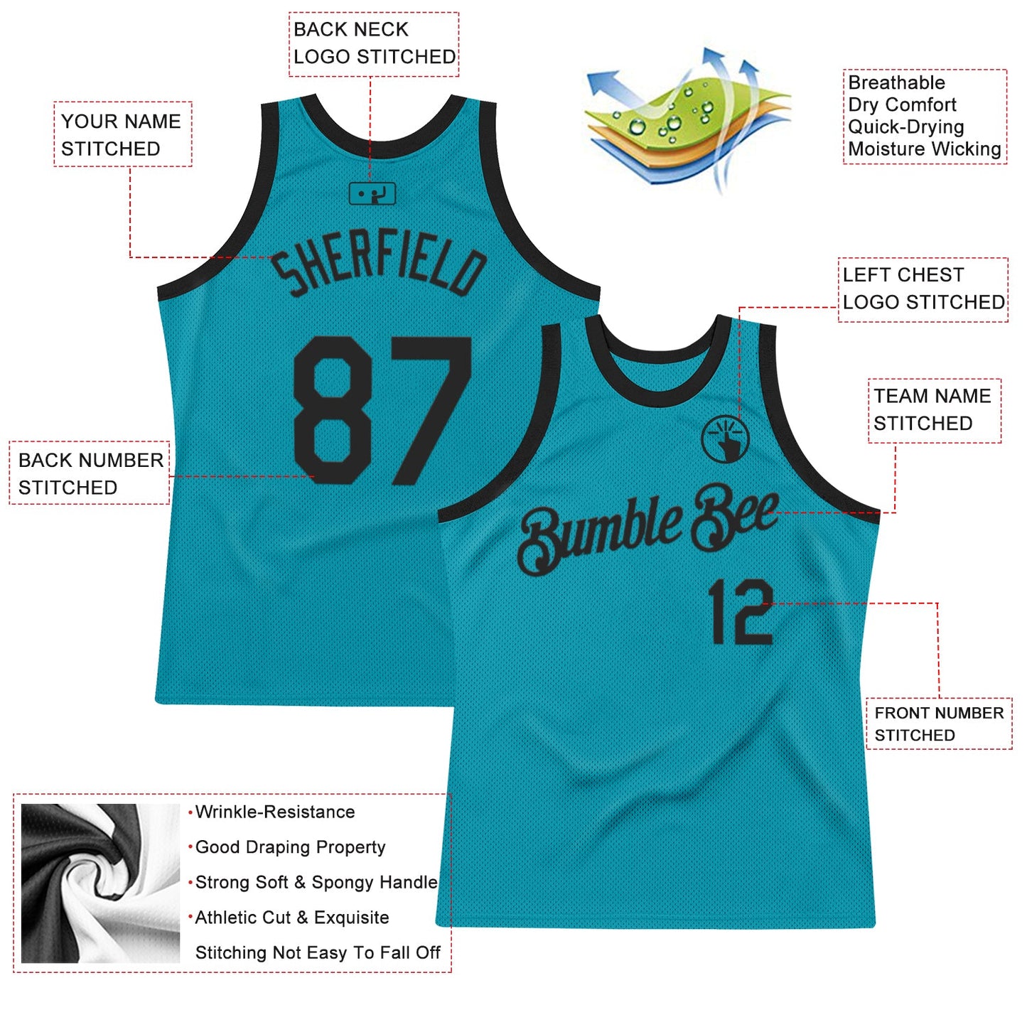 Custom Teal Black Authentic Throwback Basketball Jersey view 2